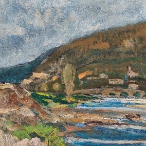Oleo sobre Fibra "Paisaje Fluvial" Firmado J. de Brum con Marco Azul - imagen 4