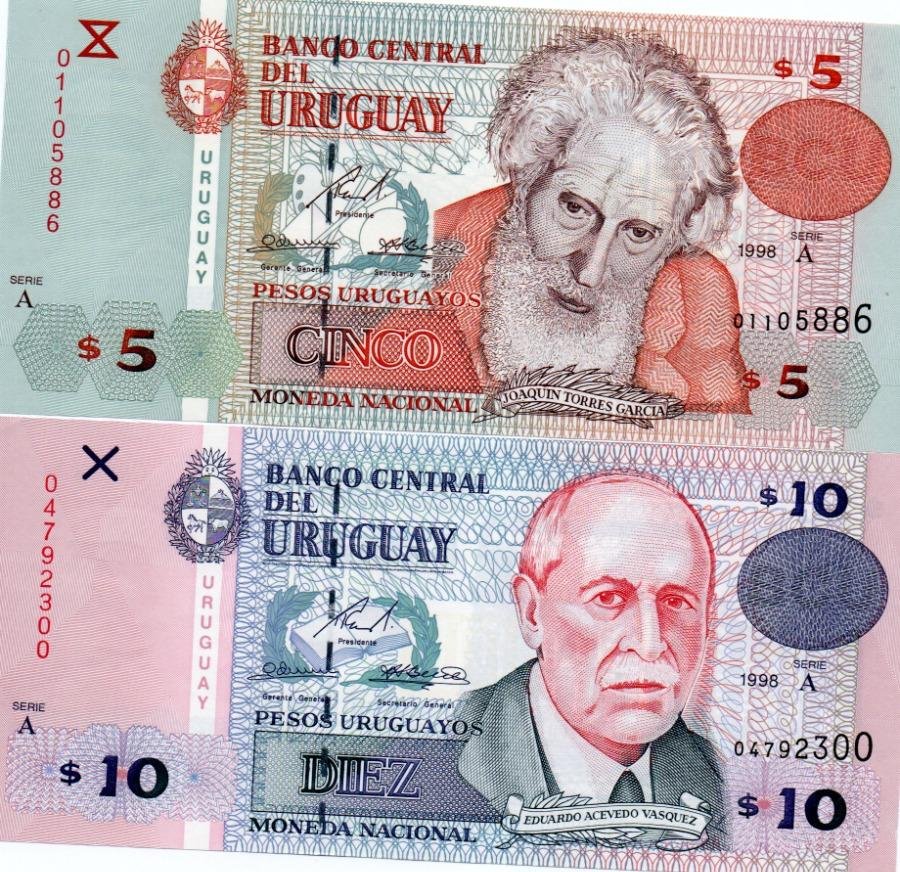 Lote de 2 Billetes Uruguayos Sin Circular: $5 (Joaquín Torres García) y $10 (Eduardo Acevedo Vásquez) Serie A 1998
