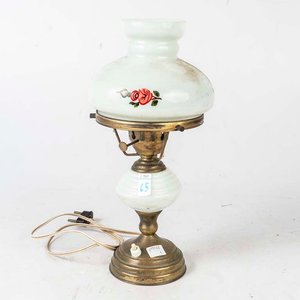 Lámpara de Mesa Antigua en Bronce y Opalina con Pantalla Decorada - imagen 1