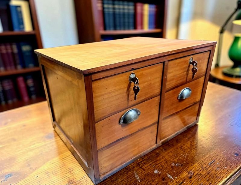 Antiguo Archivador de Mesa en Pino Restaurado con Dos Cajones y Cerraduras