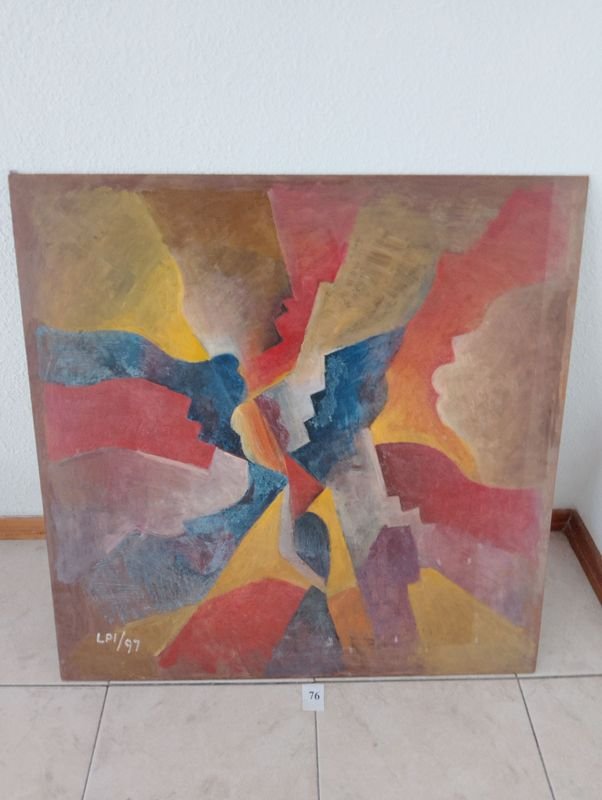 Pintura Abstracta "Rostros" en Acrílico sobre Durabord, Firmada LPI/97