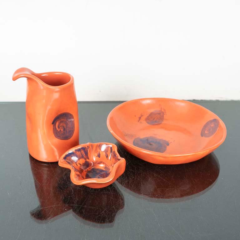 Juego de 3 Piezas de Cerámica Naranja Firmada