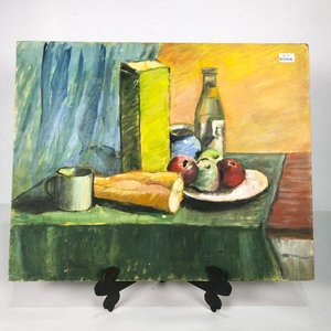 Cuadro al óleo: Bodegón de frutas, botella y pan - imagen 1