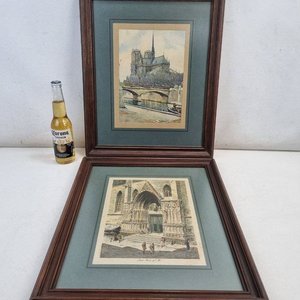 Par de Cuadros Antiguos: Notre Dame y Santa Maria del Mar - imagen 2