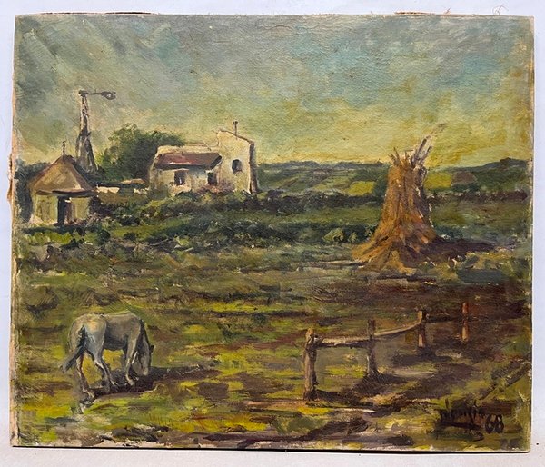 Lote siguiente: Pintura de paisaje con casa y árboles por Blengio