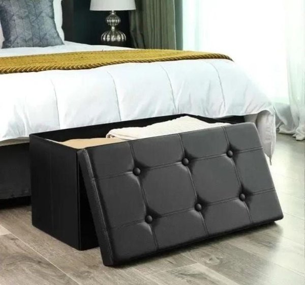 Puff Baúl Plegable Negro con Tapa Acolchada