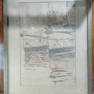 boceto a lápiz o tinta que representa dos embarcaciones o barcos atracados en un muelle - imagen 1