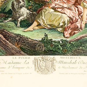 Cuadro Grabado a Color "Le Panier Mystérieux" Dama y Hombre con Perro - imagen 3