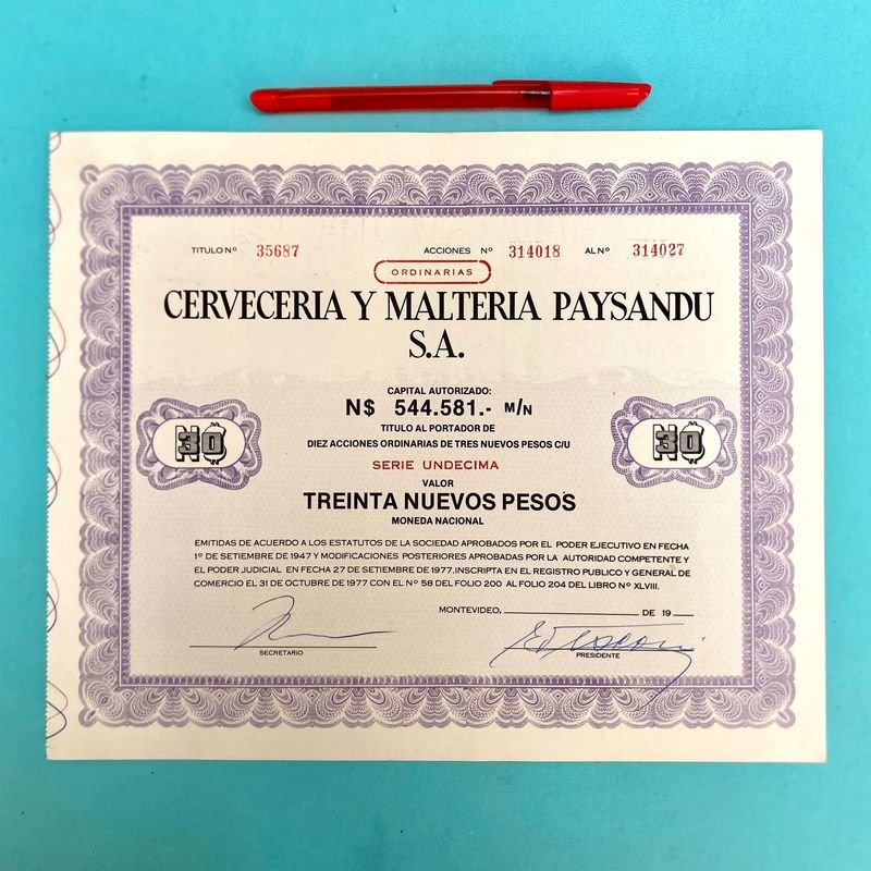 Acción Cervecería y Maltería Paysandú S.A. - Serie Undécima - Década 1980