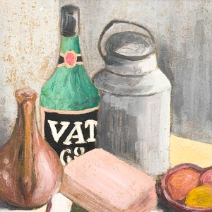 Cuadro Óleo "Naturaleza Muerta" con Botella, Jarras y Frutos - Firmado 1994 - imagen 3