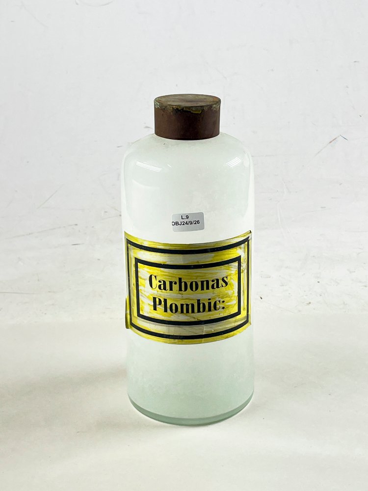 Frasco de Farmacia Antiguo "Carbonas Plumbicas" con Tapa Metálica