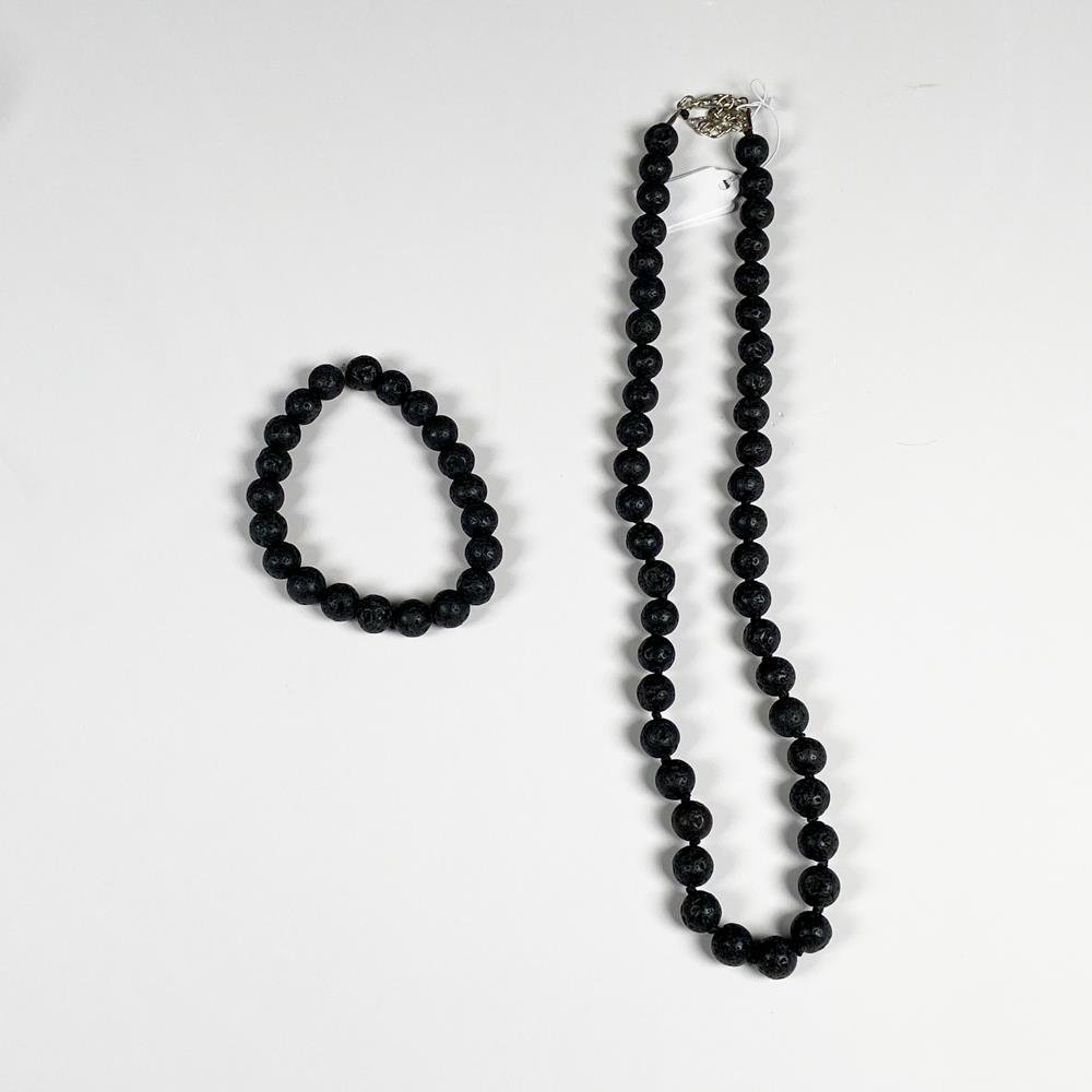 Conjunto de Collar y Pulsera de Piedra Volcánica Negra