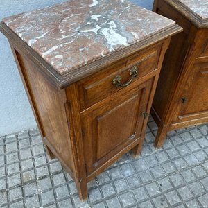 Par de Mesas de Luz Antiguas de Roble con Tapa de Mármol - imagen 3