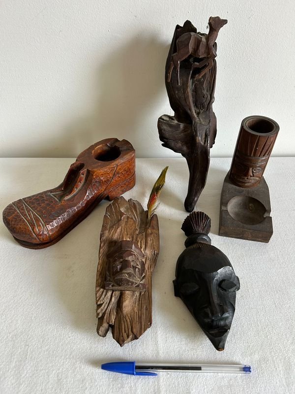 Adornos de Madera Tallada: Zapato, Rostros Africanos y Figura de Animal - imagen 1