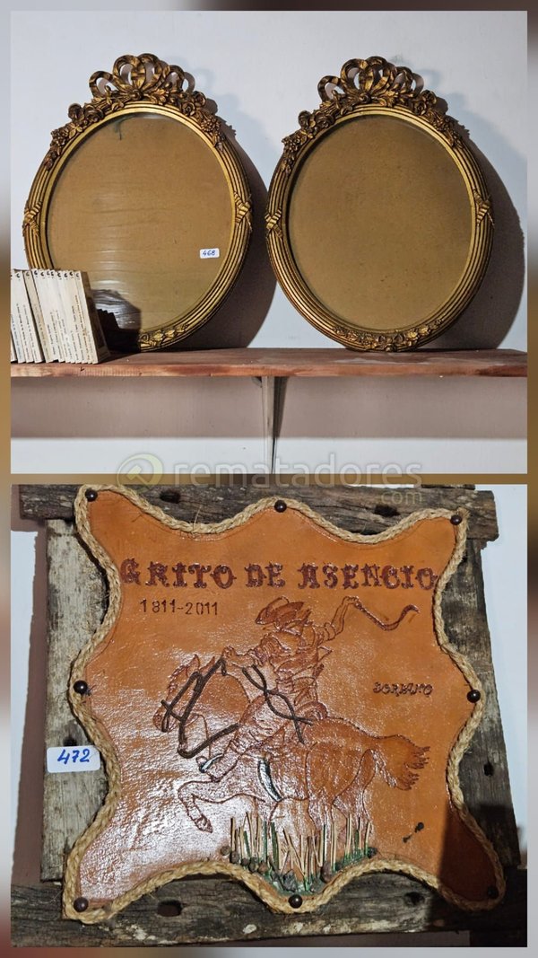 Dos Marcos Ovalados Dorados y Cuadro de Cuero "Grito de Asencio"