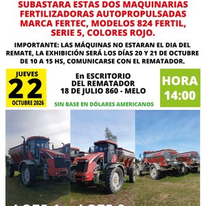 Dos maquinarias fertilizadoras autopropulsadas Fertec 824 Fertil serie 5