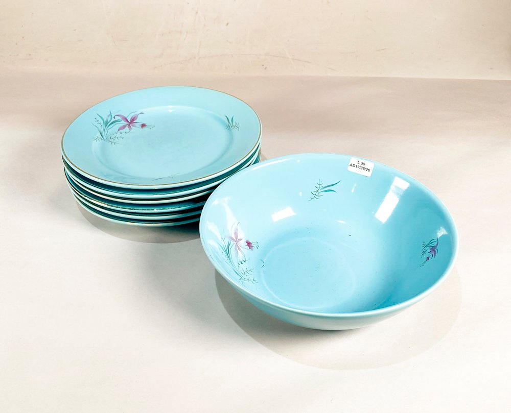 Set de 7 Platos y Bol "Olmos" Decorado Espigas Celeste