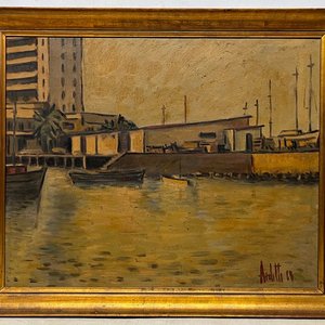 Oleo "Muelle" de José Arditti, 48 x 60 cm, Firmado y Fechado 1968 - imagen 2
