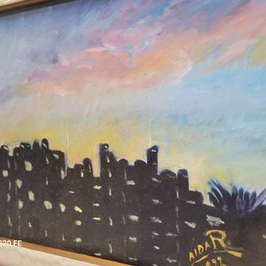 3 Cuadros al Óleo: Silueta Urbana, Paisaje Otoñal y Rosa Firmados - imagen 7