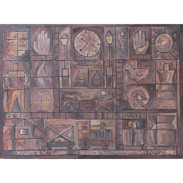 Óleo "Constructivo Bordeaux" de Garizi, 45 x 61.5 cm