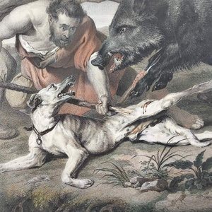 Grabado "Cacería de Jabalí" por Ernest Hanfstangl, con marco dorado y vidrio - imagen 11
