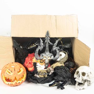 Lote siguiente: Caja con Artículos de Halloween: Calabaza, Cráneo y Tridente