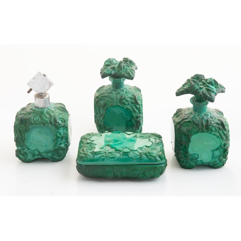 Set de Tocador Cristal Checoslovaco Verde Estilo Malakita