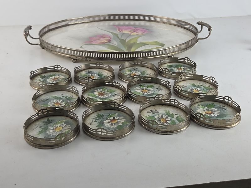 Gran bandeja y posavasos en mayolica alemana y metal para decoración del hogar - imagen 6