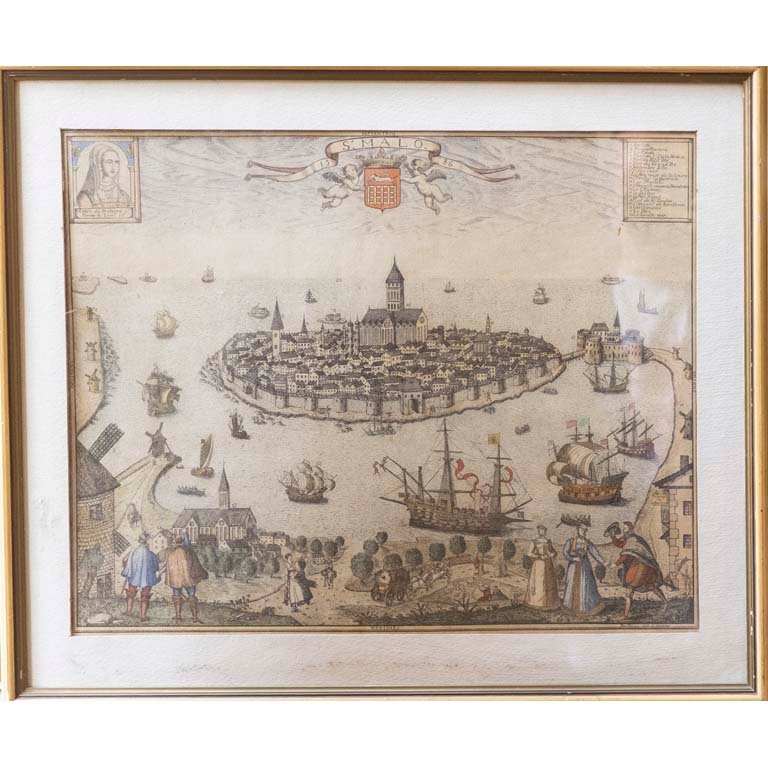 Grabado "S. Malo" Anónimo con Vista de Ciudad y Barcos