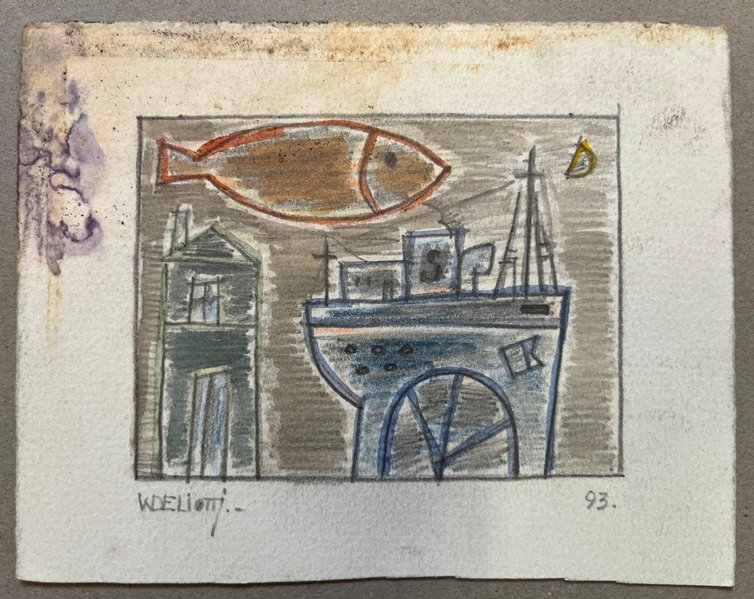 Lote siguiente: Pintura de Walter Deliotti: Composición con peces, barco y casa