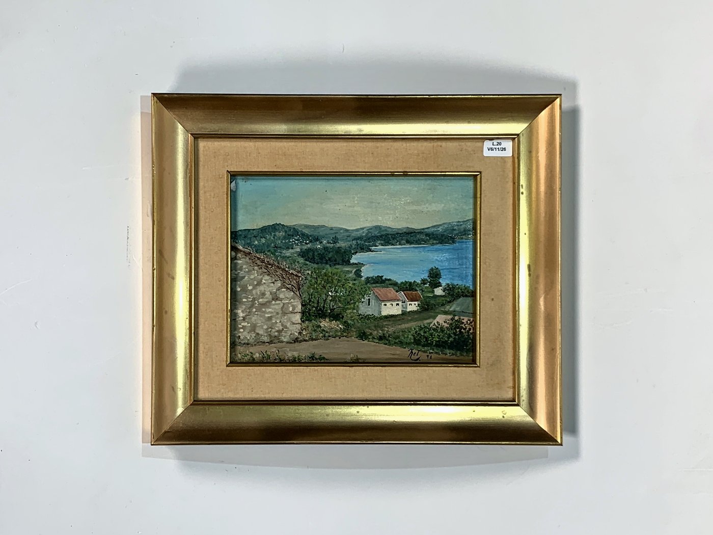 Cuadro al óleo "Paisaje con Sierras y Laguna" firmado "Nel" (1996)