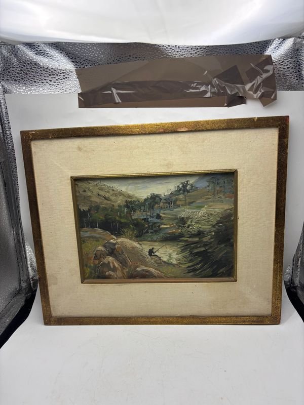 Cuadro al Óleo "Paisaje con Pescador" de Aldo Curto - 21x16 cm