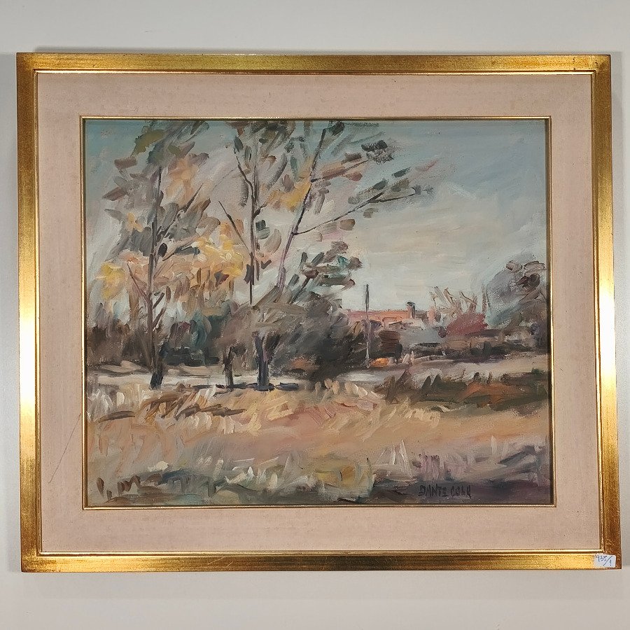 Óleo sobre lienzo "Escena Rural" de Dante Cola, con marco dorado