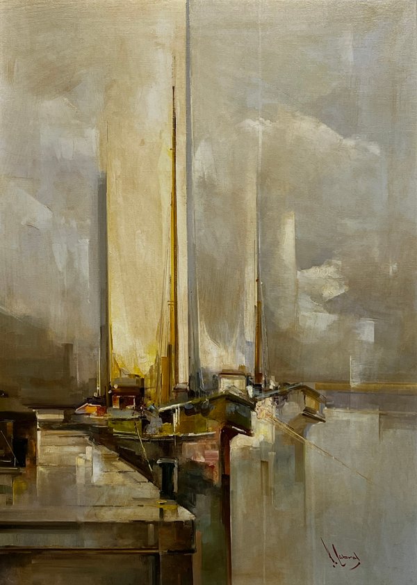 Oleo "Puerto" de Julio Fernández Cabral - 70 x 50 cm - imagen 1