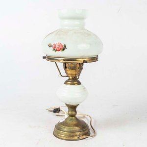 Lámpara de Mesa Antigua en Bronce y Opalina con Pantalla Decorada - imagen 2