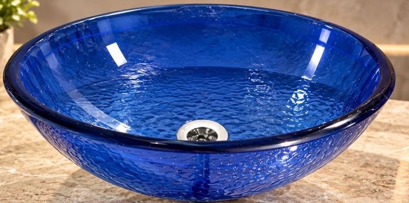 Bacha de Baño Circular en Cristal Azul Cobalto con Textura Relieve