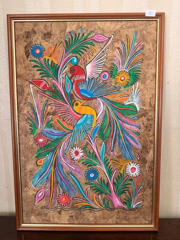 Cuadro Decorativo de Aves y Flores sobre Tela con Marco de Madera
