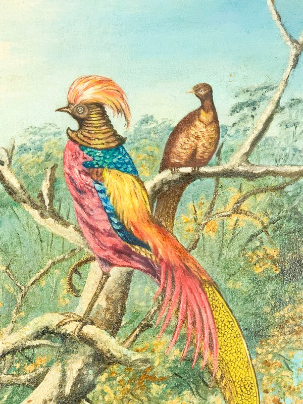 Pintura óleo sobre tela de aves en árbol - imagen 3