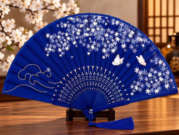 Abanico Azul Estilo Oriental con Borla y Mariposas - Nuevo - imagen 1