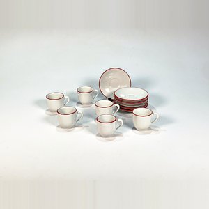 Seis Pocillos de Loza Olmos Blancos con Guarda Roja y Seis Platillos - imagen 2