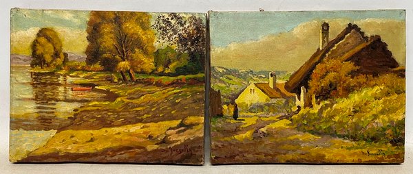 Lote siguiente: Pintura de Do Gueschin: Rancho y lago