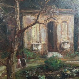 Eduardo Amezaga: Óleo sobre Fibra "Paisaje con Pabellón" - imagen 3
