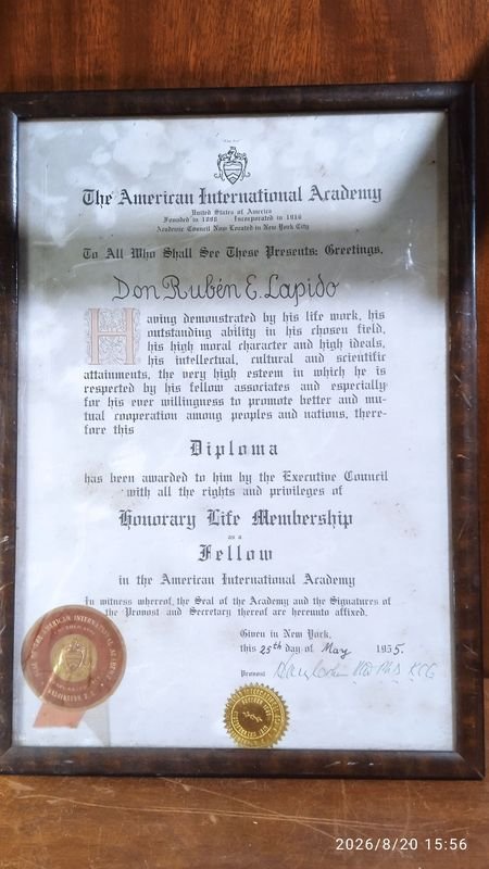 Diploma de Membresía Honoraria Vitalicia The American International Academy