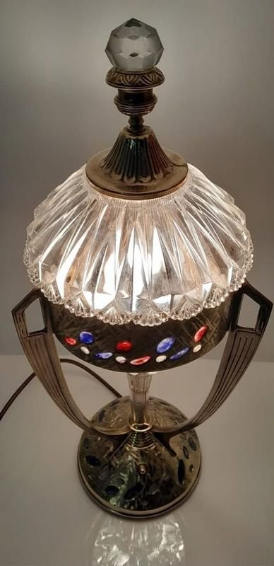 Lámpara Art Deco Antigua con Cristal Facetado y Bronce - imagen 7