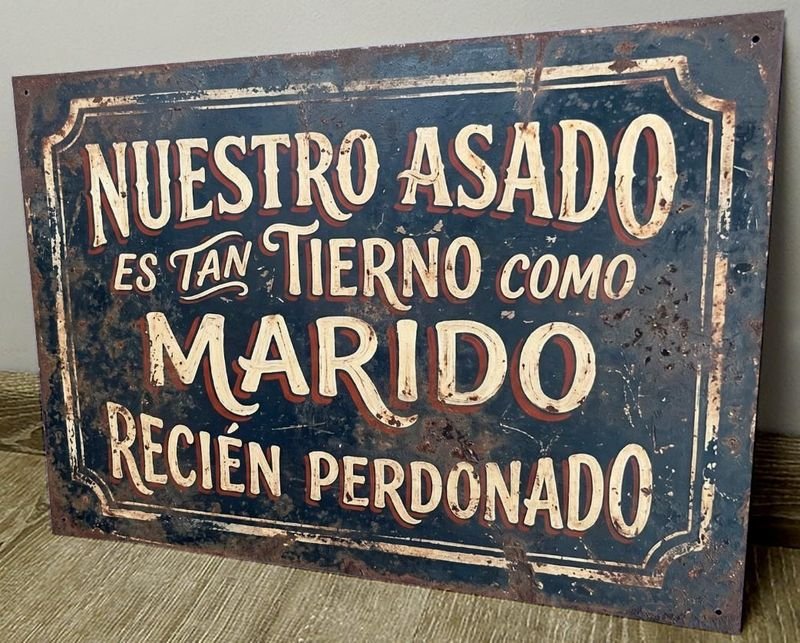 Cartel Decorativo de Chapa "Nuestro Asado es Tan Tierno Como Marido Recién Perdonado"