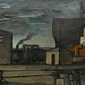 Oleo "Puerto" de Augusto Torres sobre cartón, 39 x 50 cm - imagen 1