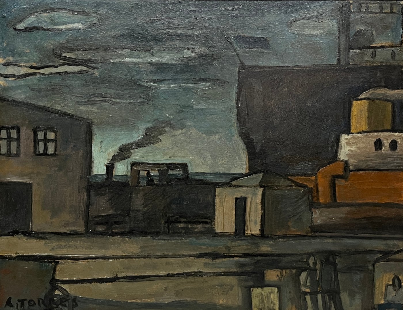 Oleo "Puerto" de Augusto Torres sobre cartón, 39 x 50 cm