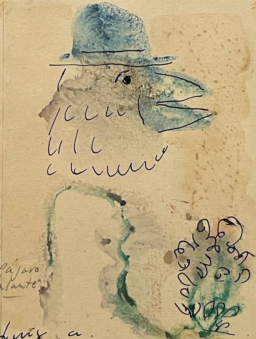 Pájaro y Ramo de Luis A. Solari: Acuarela y Tinta Firmada