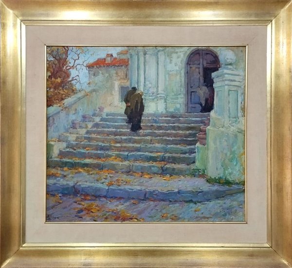 Óleo sobre Fibra "Escalinata" Atribuido a Edgardo Ribeiro