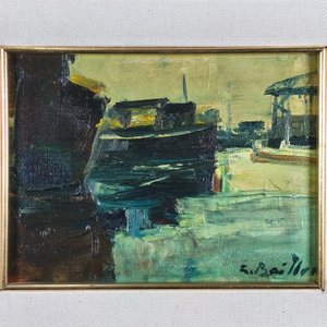 Acrílico sobre lienzo "Puerto" de Zoma Baitler con marco dorado - imagen 3